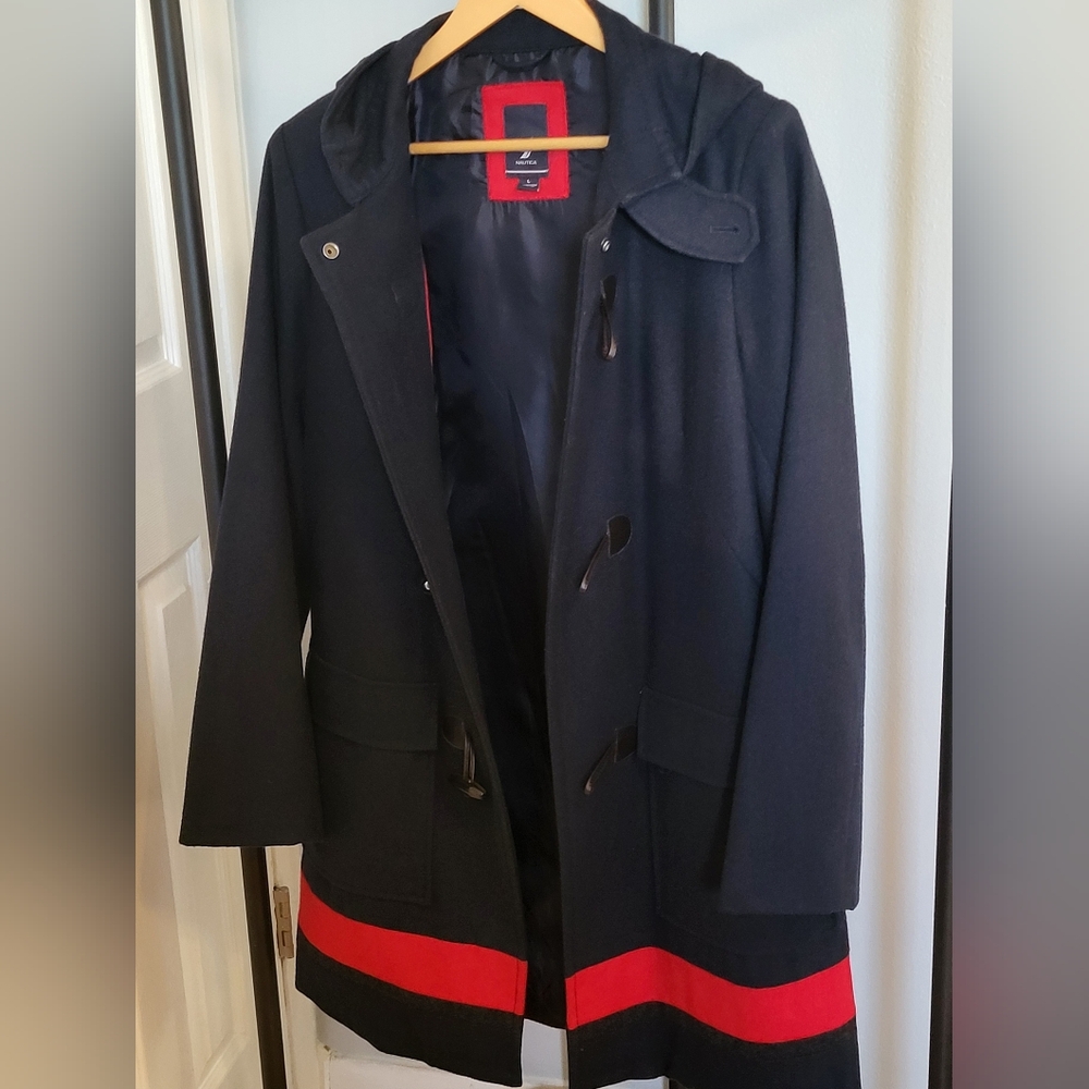 Nautica Women's Navy Trench Coat with Red And Gray Stripes
